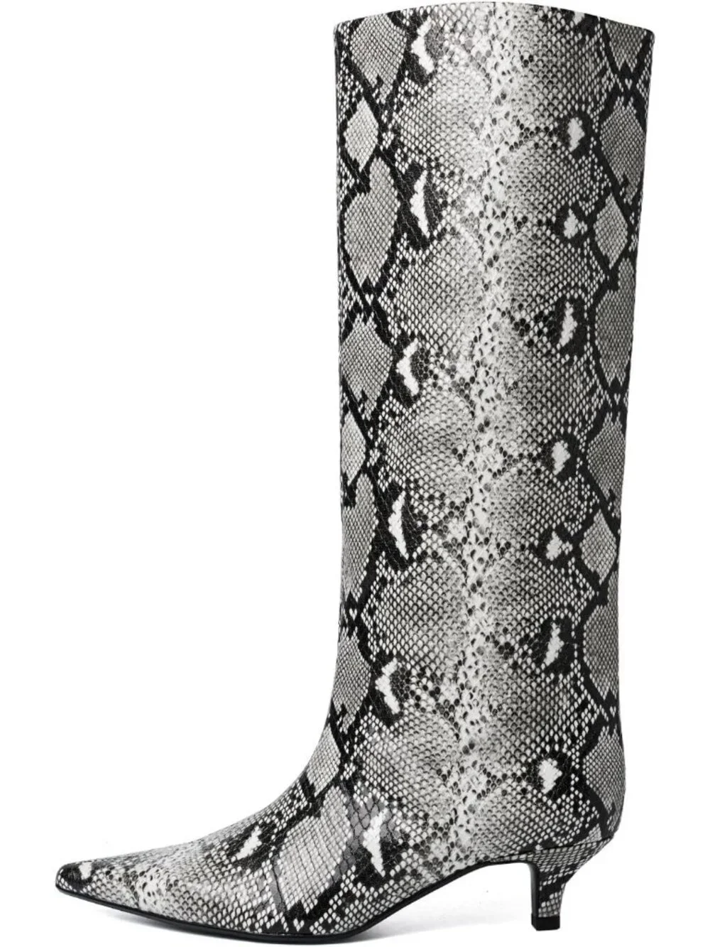 Women's Snake Pattern Synthetic Rubber Kitten Heel Pointed Toe Knee High Boots